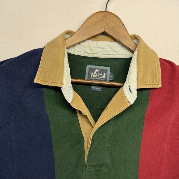Vintage Woolrich Rugby Shirt mens Large Green Red Striped Thick Heavy Preppy 90s - Picture 3 of 9